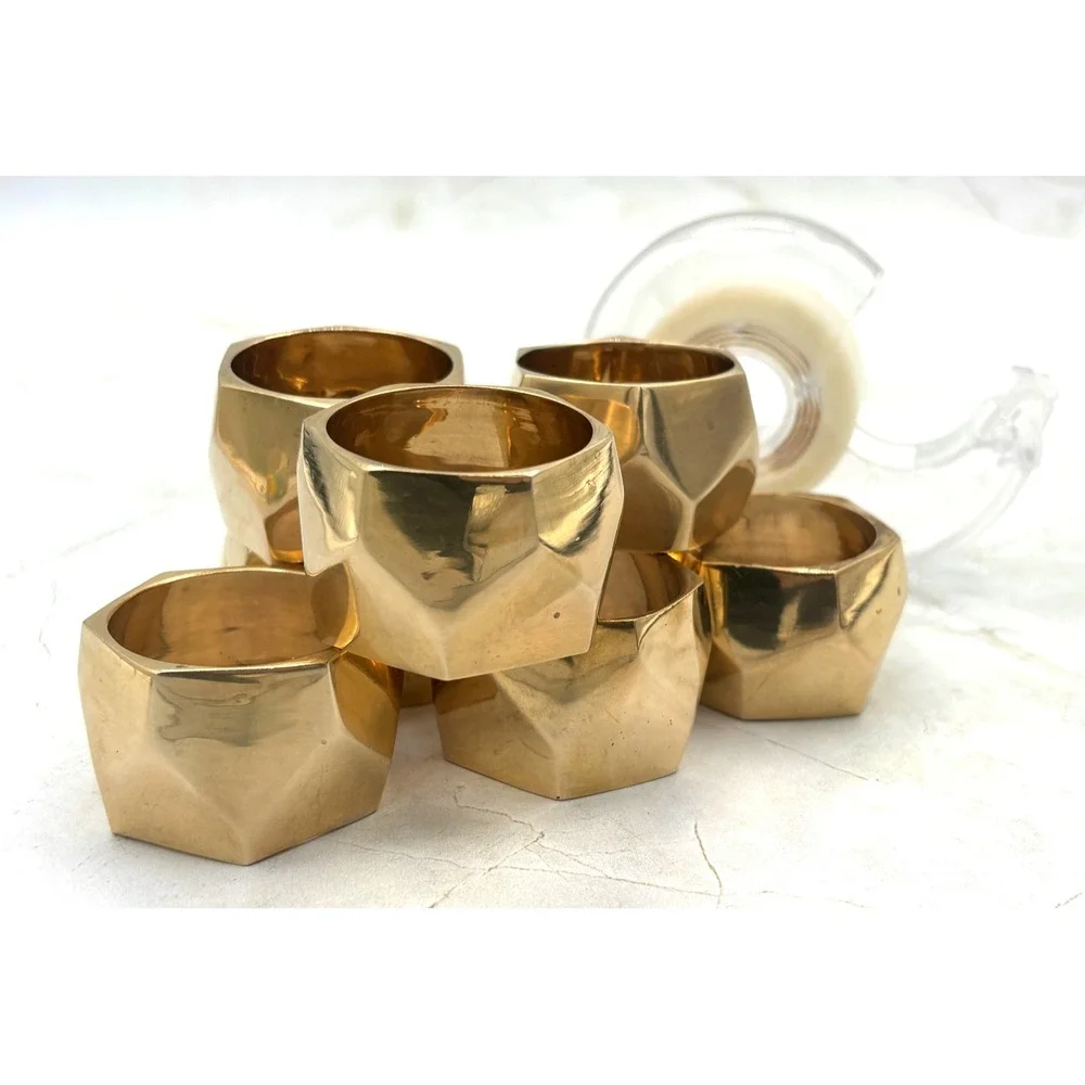 Set of 8 Solid‎ Brass Faceted Napkin Rings Modern Geometric Brutalist Style EUC